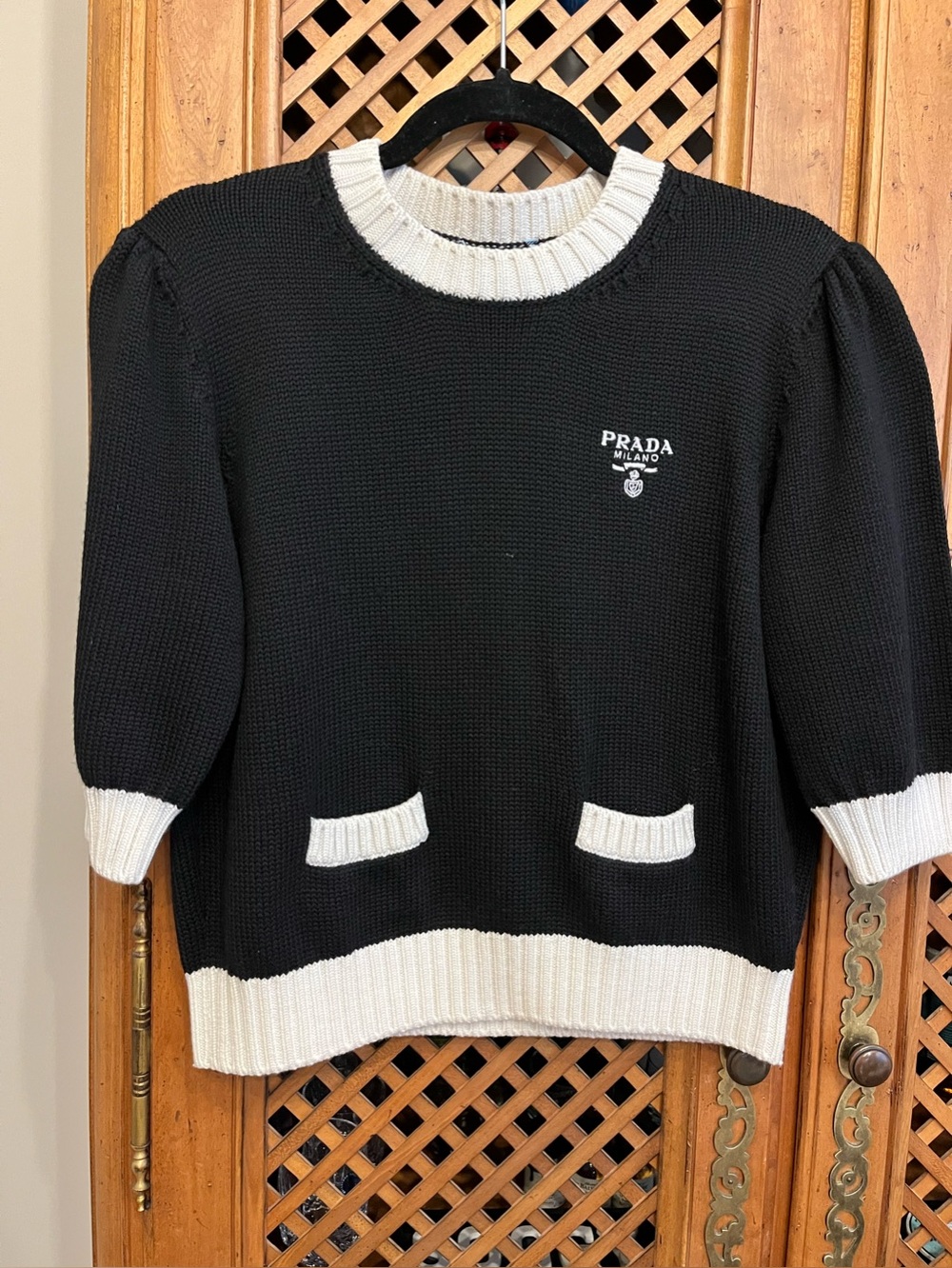 Prada Black Crewneck Sweater with White Trim and Logo - Picture 3 of 4